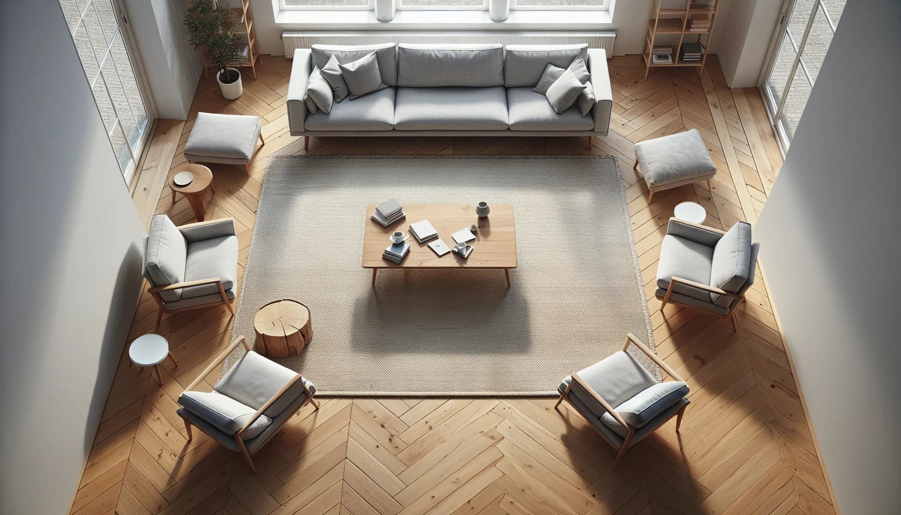 Vardagsrum med för liten matta placerad bara under soffbordet – möbler flyter fritt på golvet