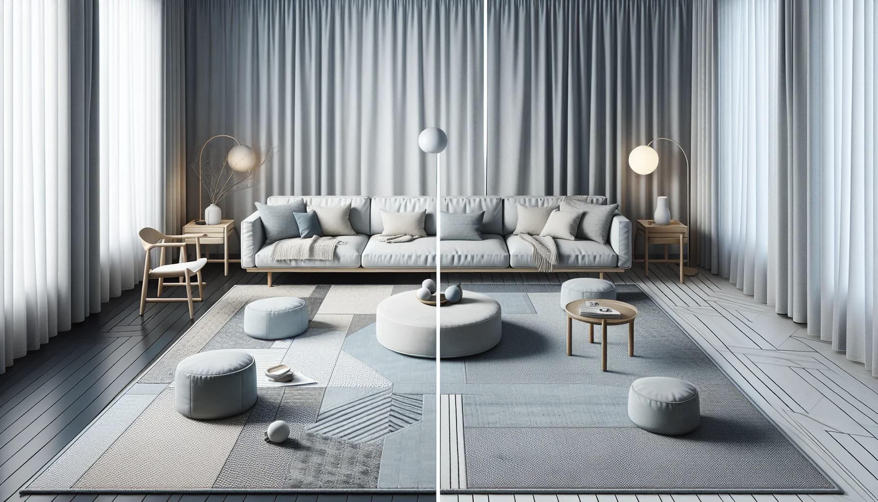 Jämförelse av matta 200x300 cm och 240x340 cm sida vid sida i samma vardagsrum – visar storleksskillnaden