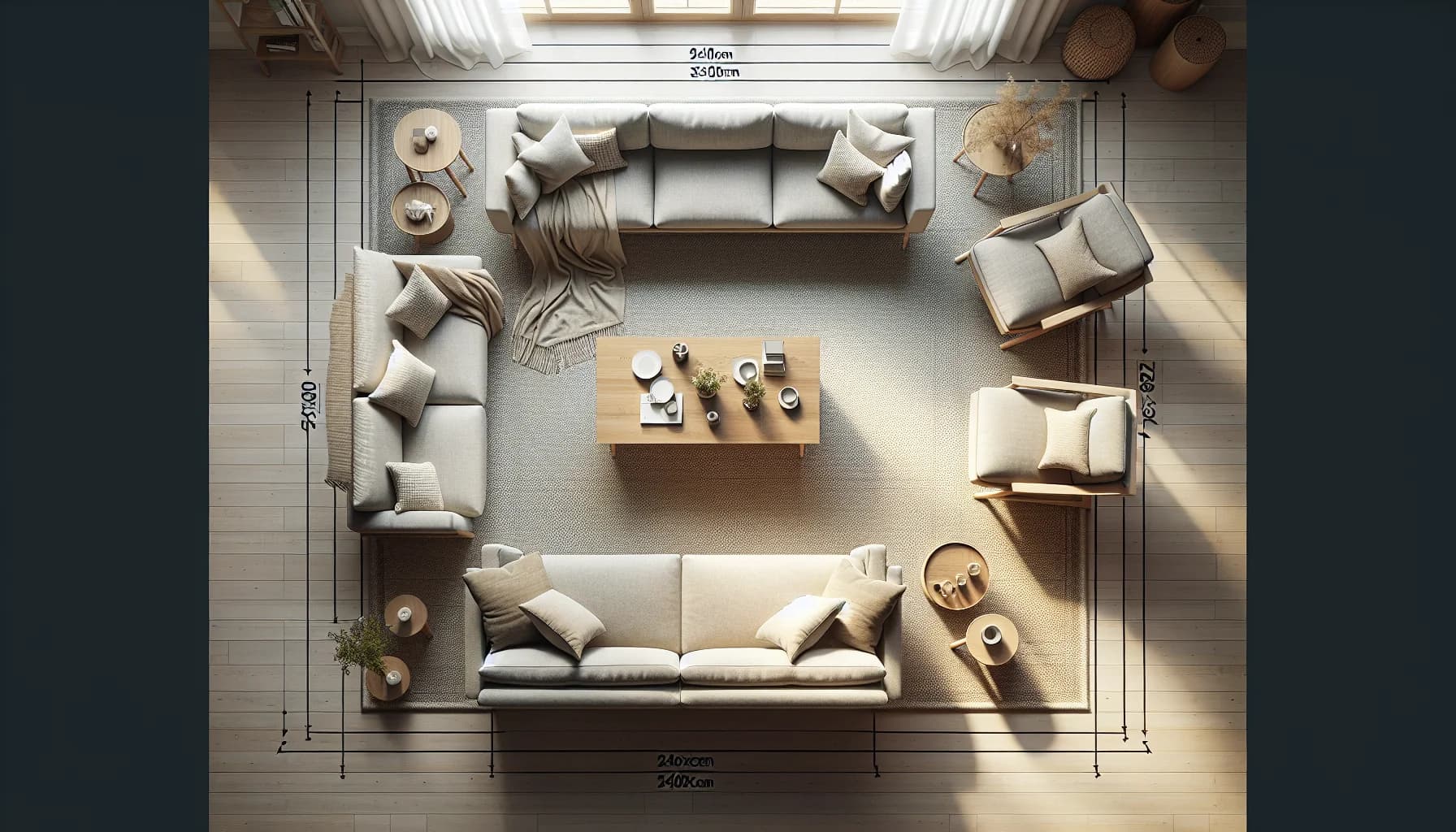 Matta 240x340 cm under soffgrupp med soffa och fåtöljer – idealisk storlek för soffgrupp i vardagsrum