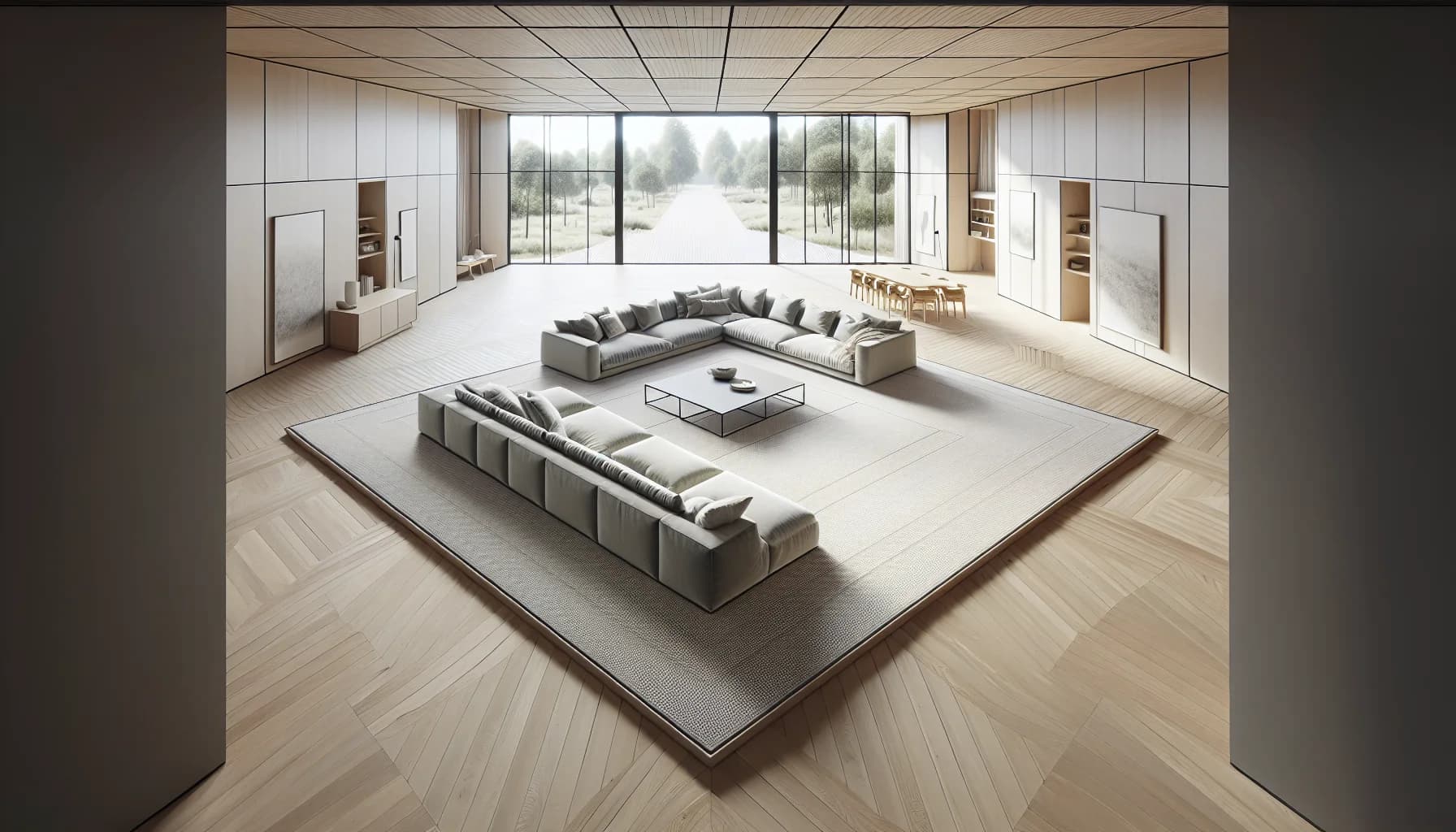 Extra stor matta 300x400 cm i öppen planlösning med hörnsoffa – definierar vardagsrumszonen i stort rum