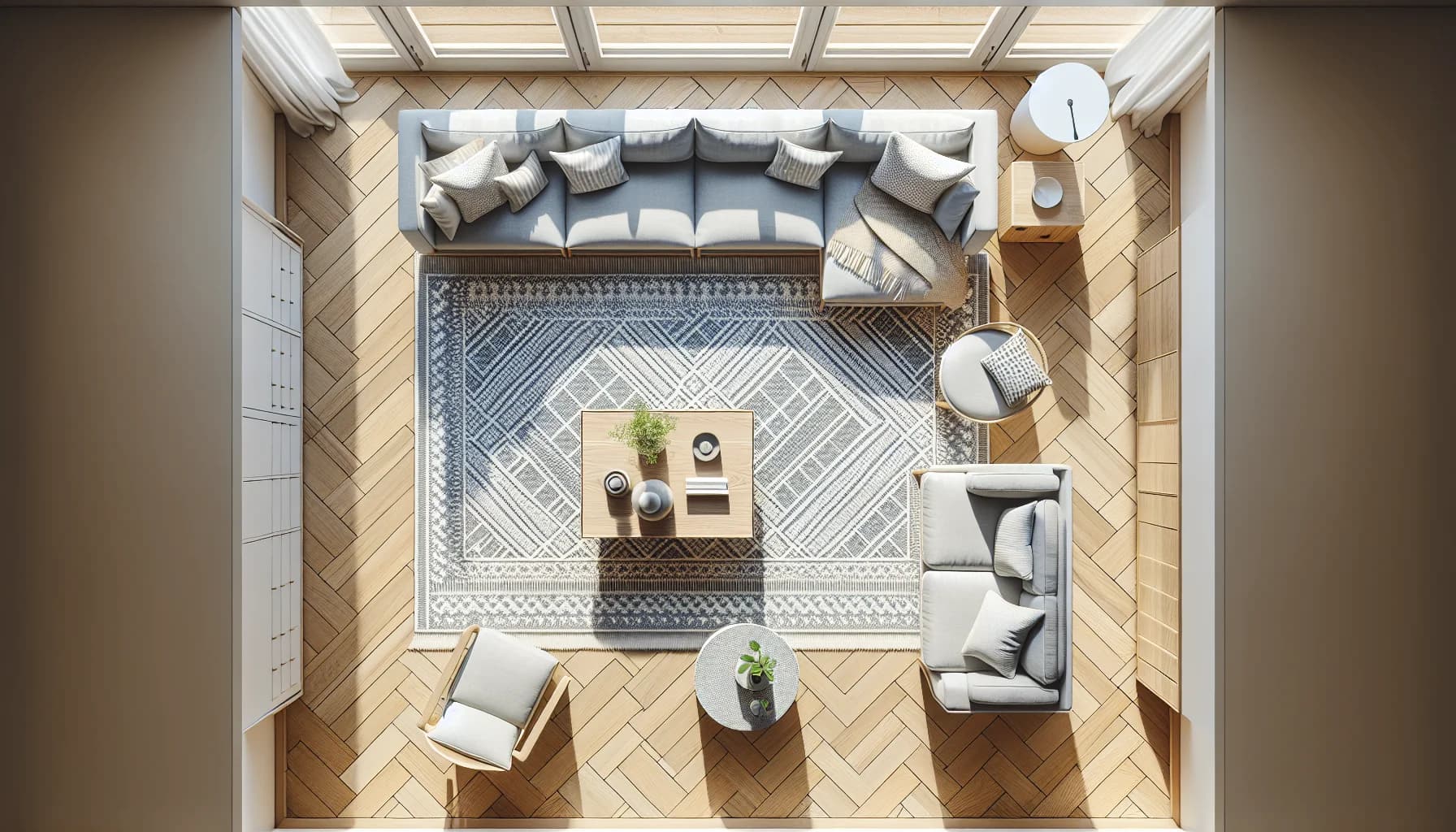 Korrekt placering av stor matta under soffgrupp – ovanifrån vy med alla framben på mattan och jämna marginaler