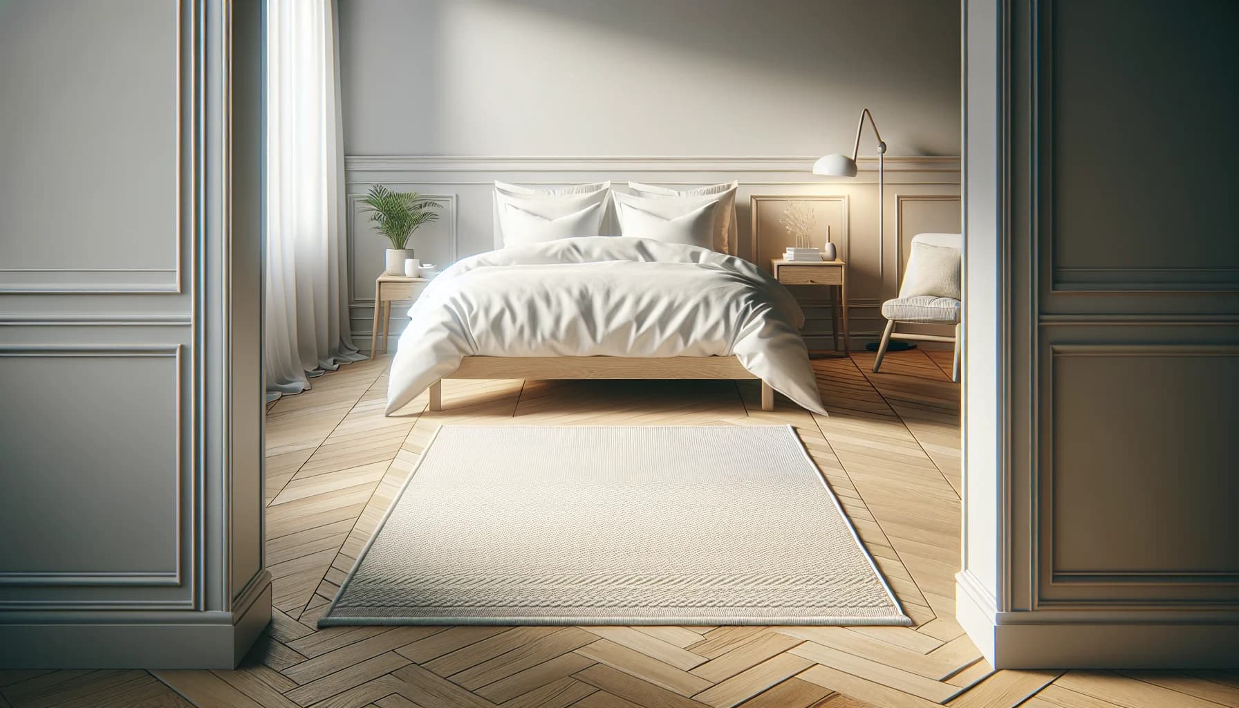 Sovrum med för liten matta som bara syns vid fotändan av sängen – fötterna hamnar på golvet