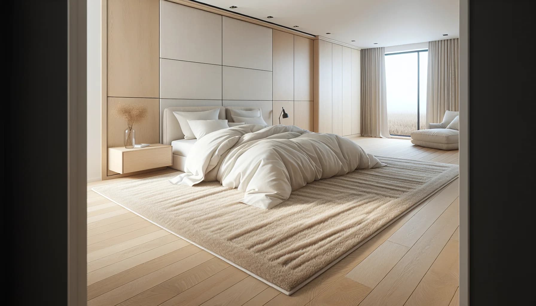 Sovrum med stor matta 240x340 cm under hela dubbelsängen med god marginal på sidorna