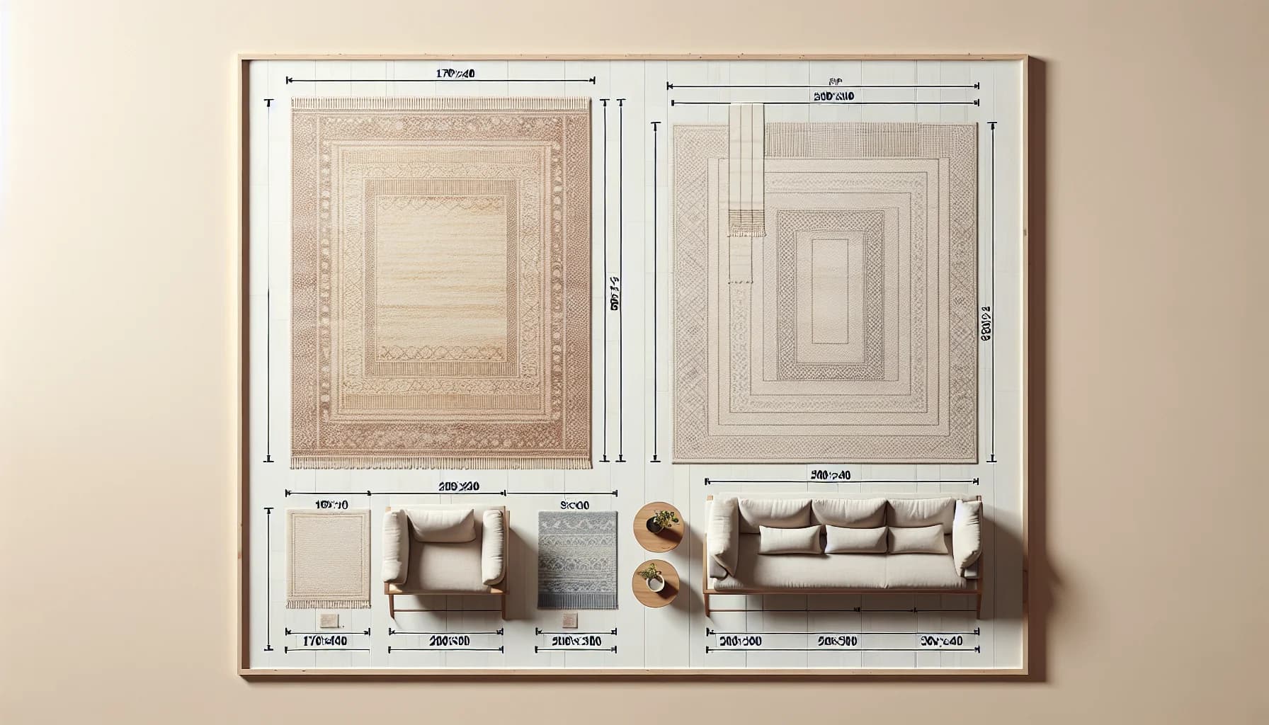 Översikt av stora mattor i olika storlekar – 170x240, 200x300, 240x340 och 300x400 cm visade i skala