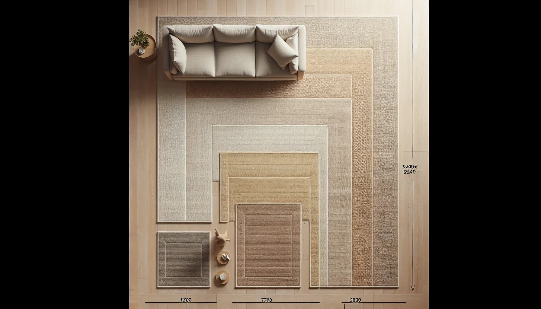 Storleksguide för stora mattor – fyra mattor i stigande storlek från 170x240 till 300x400 cm