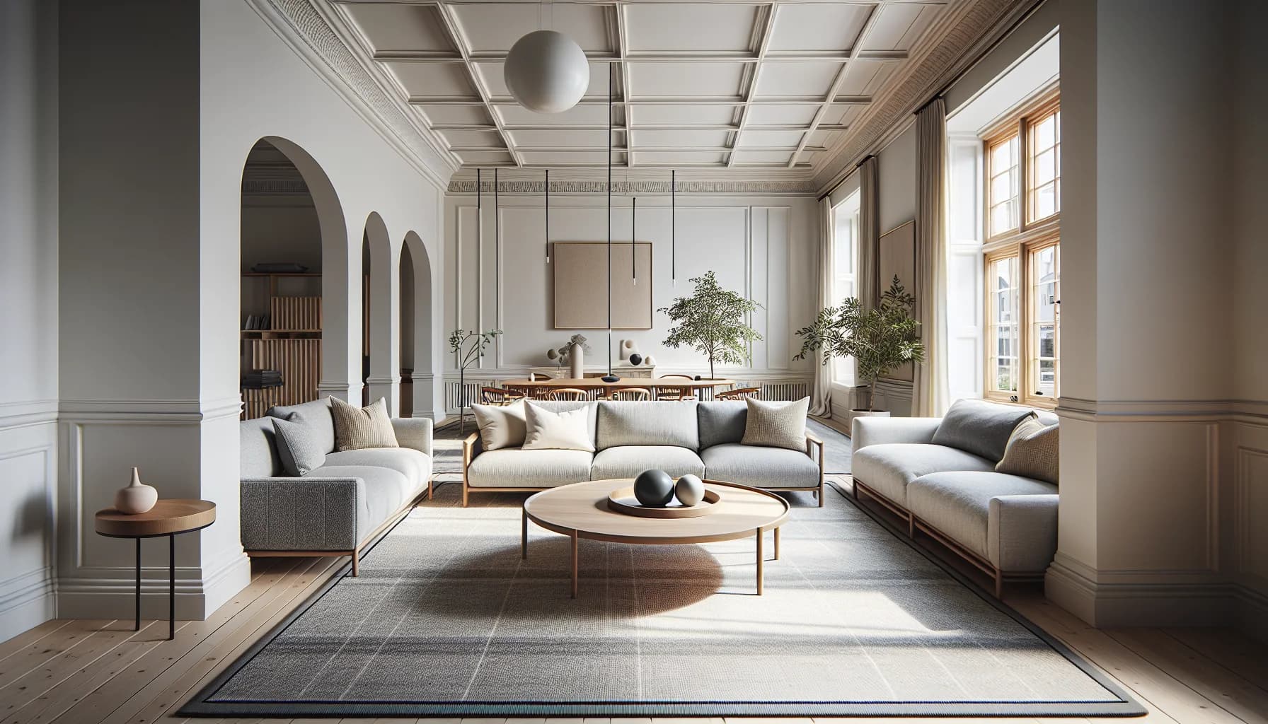 Vardagsrum med rätt stor matta 240x340 cm där alla möblers framben vilar på mattan