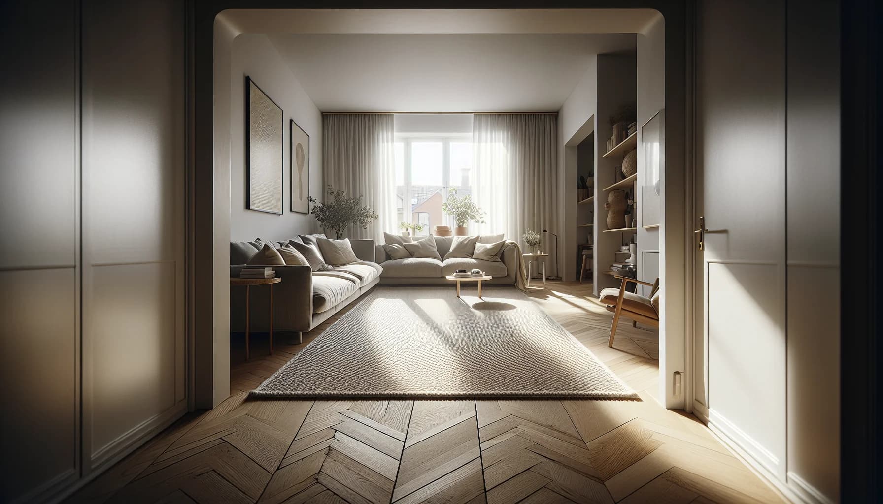 Litet vardagsrum med stor matta 200x300 cm som täcker nästan hela golvet och gör rummet rymligare