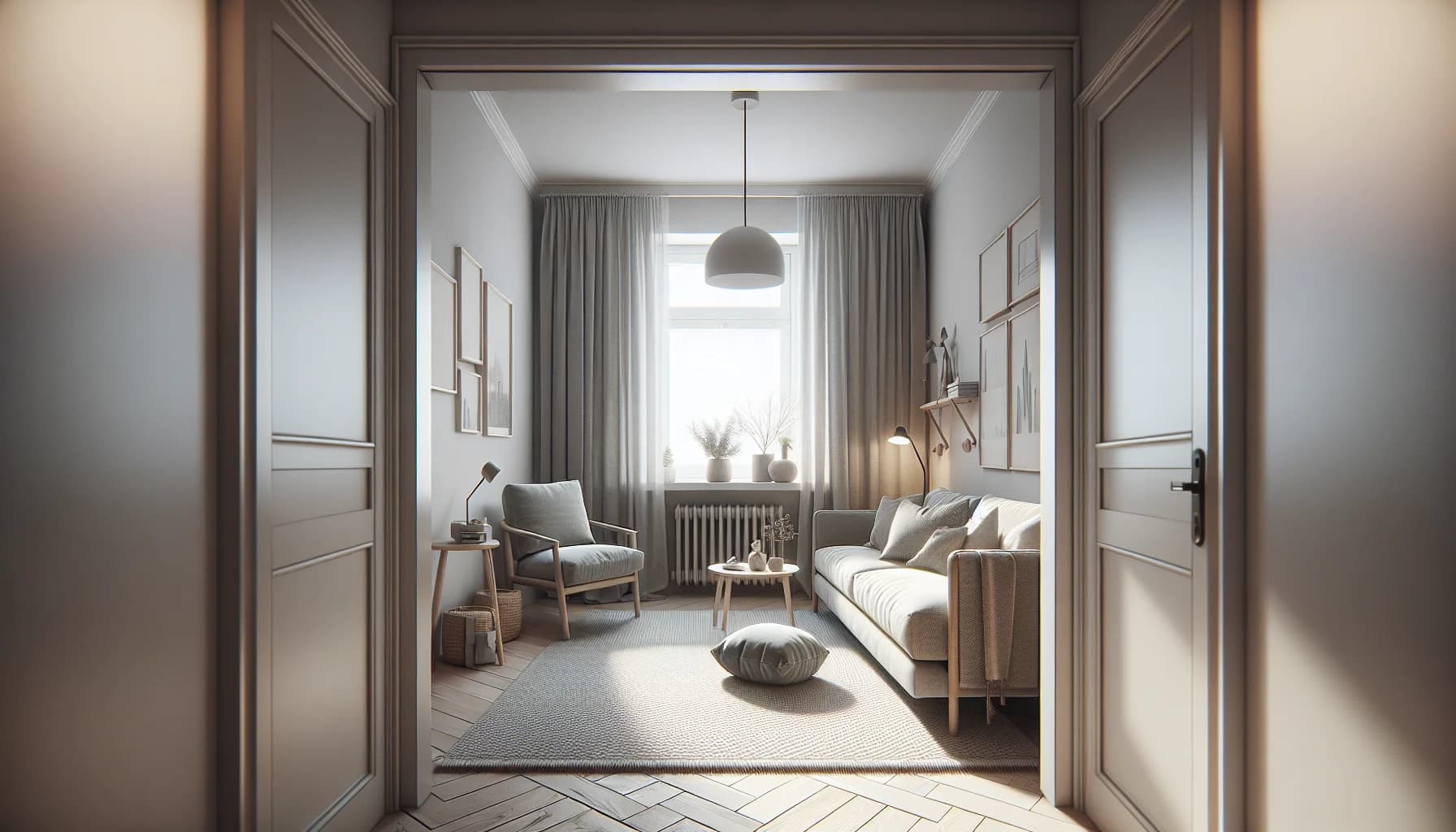 Stor matta i litet vardagsrum som gör rummet visuellt större – mattan täcker nästan hela golvet med liten marginal till väggarna