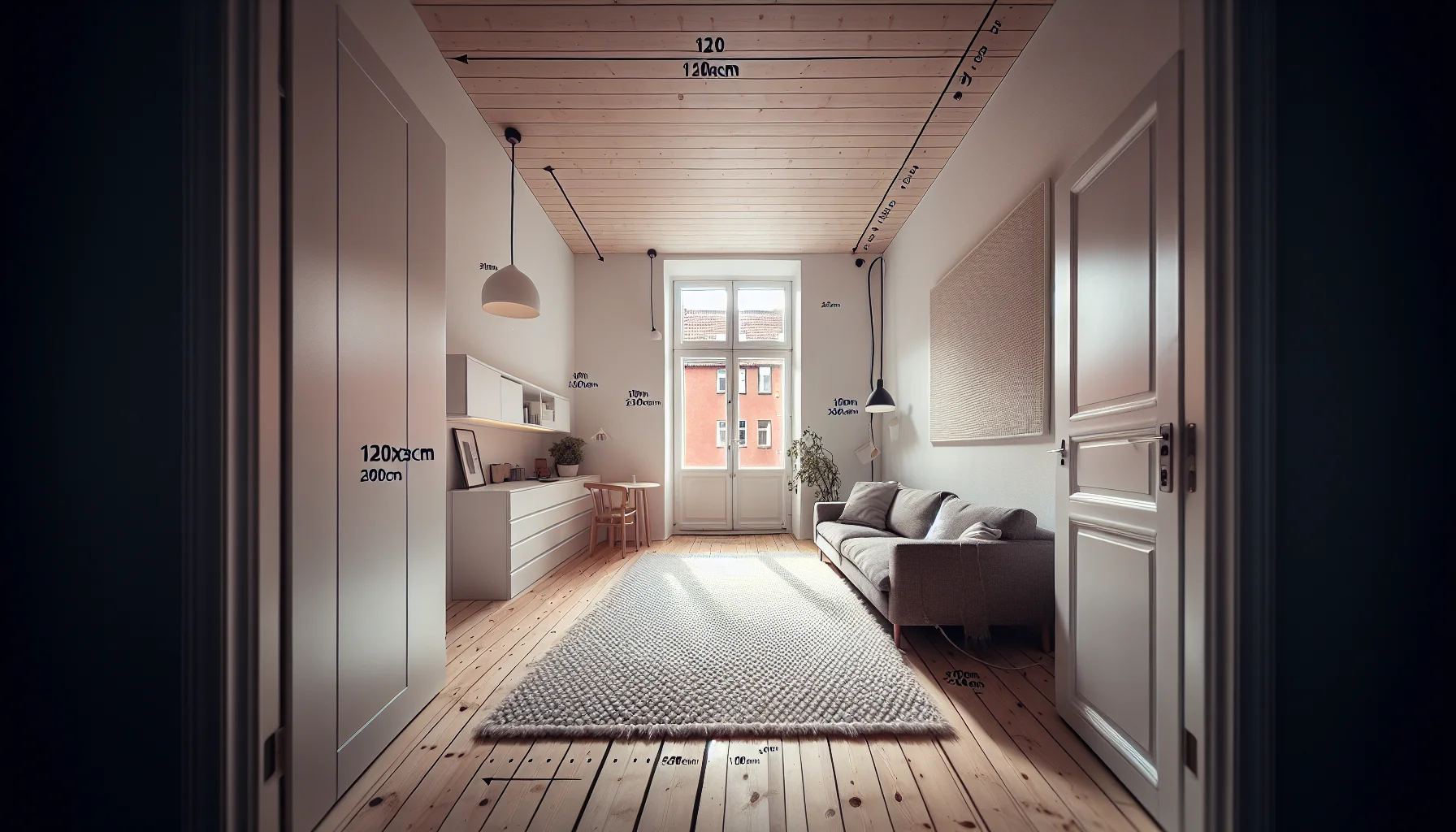 Litet vardagsrum med för liten matta 120x170 cm som delar golvet och gör rummet ännu mindre
